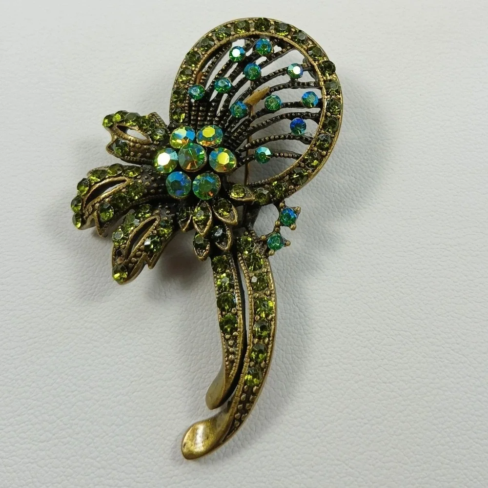 Vintage Green Rhinestone Brooch Pendant Bronze Tone‎ Floral Pin Unisex